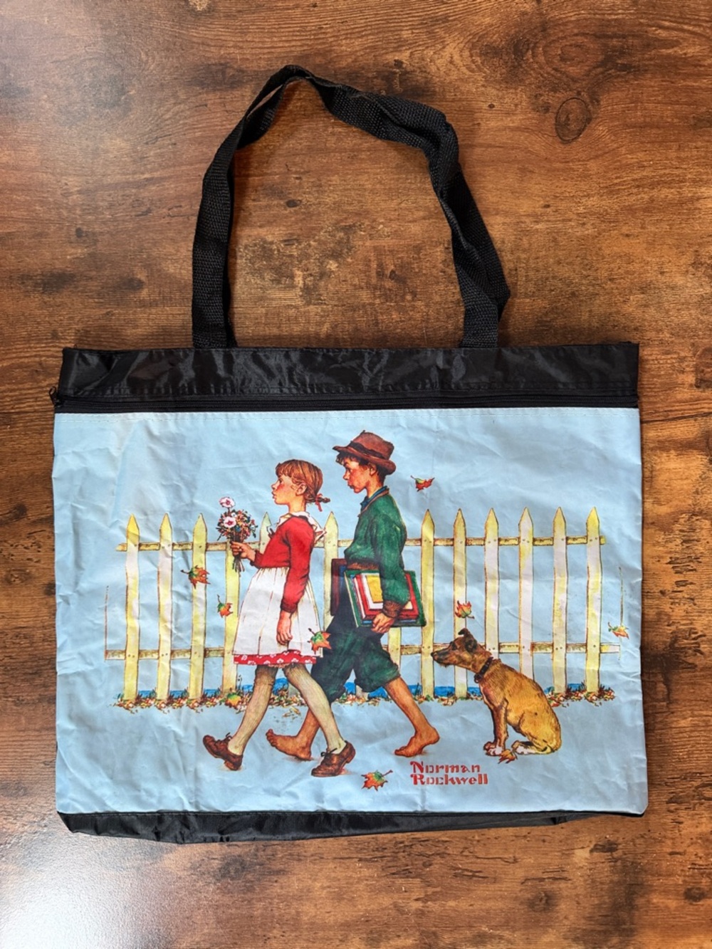 Norman Rockwell Blue Illustrated Tote Bag with Black Trim
